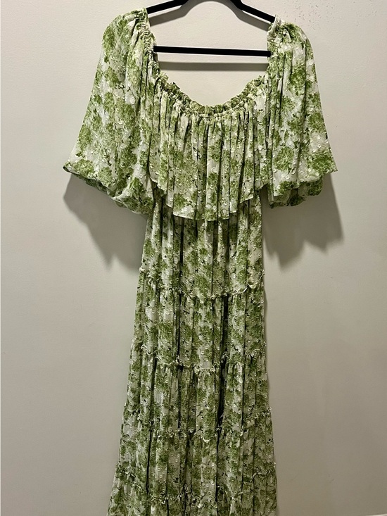 Misa Los Angeles Dresses & Skirts - Misa Los Angeles Green Floral Off-Shoulder Tiered Maxi Fairy Cottagecore